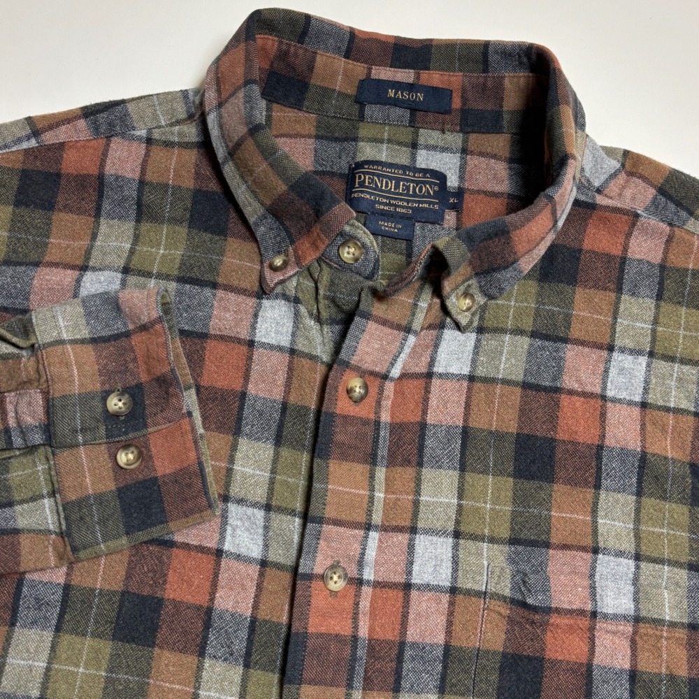 Pendleton Mason Plaid Flannel Mens XL Cotton Earth Tone Gorpcore Button Down
